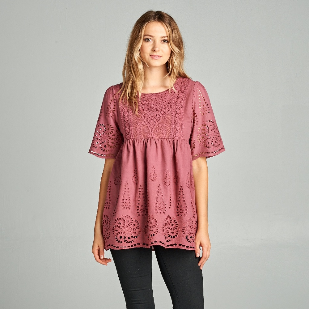 Burgundy Lace Crochet-Detail Top